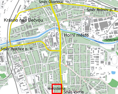 Mapka části města Valašské Meziříčí s vyznačením pozice hvězdárny.
