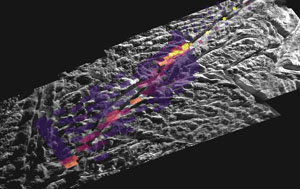 Teplotní mapa části povrchu měsíce Enceladus