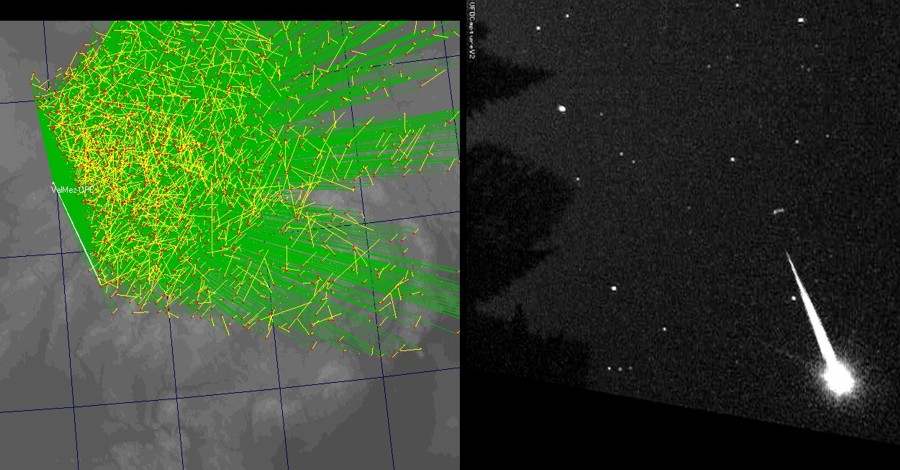 Sloučená zorná pole obou kamer s vykreslenými meteory za rok 2013