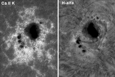 Aktivní skupina NOAA 12158 ve dvou různých vrstvách sluneční atmosféry. Levá část snímku ukazuje tuto oblast ve spektrální čáře Ca II K, tedy ve spodní vrstvě chromosféry.V pravé části je podoba aktivní skupiny ve vyšší vrstvě chromosféry