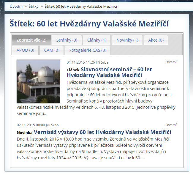 Náhled článku o výročí hvězdárny na webu astro.cz